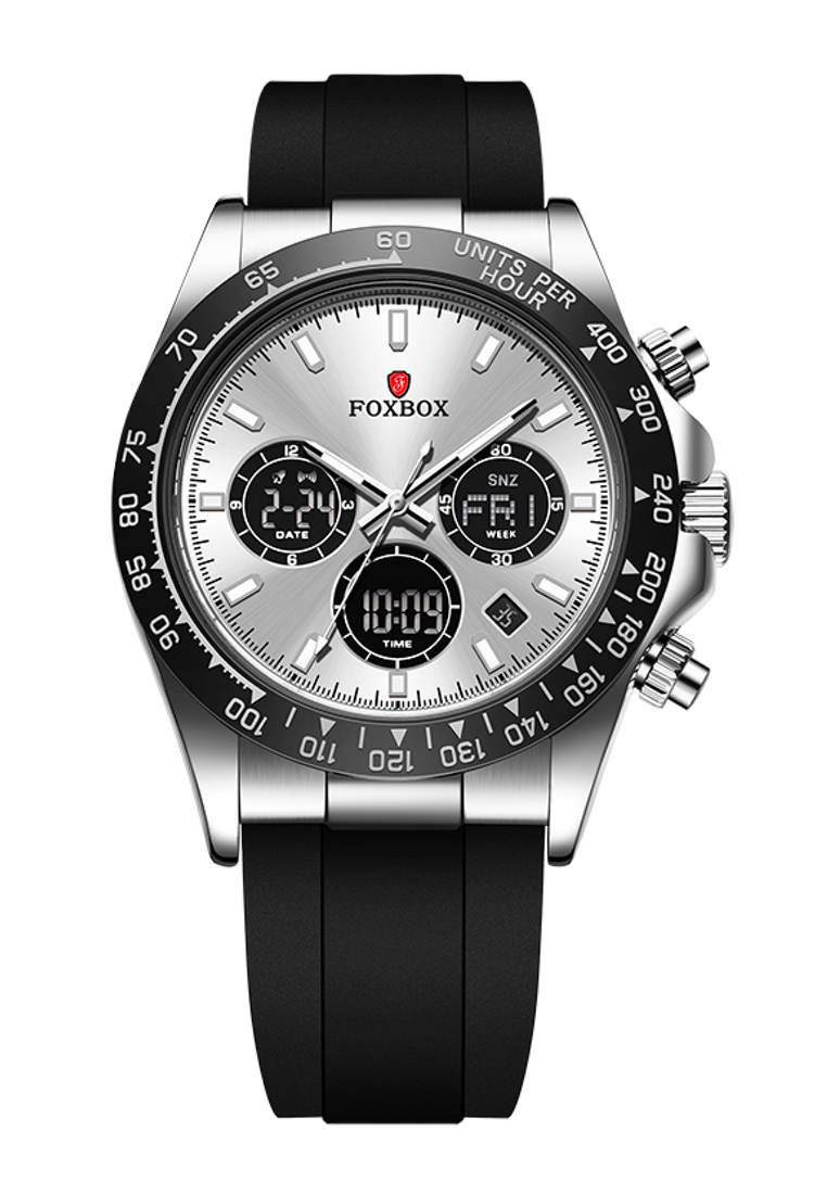 LIGE FOXBOX 計時儀中性不銹鋼石英手錶, 銀色錶盤，橡膠錶帶