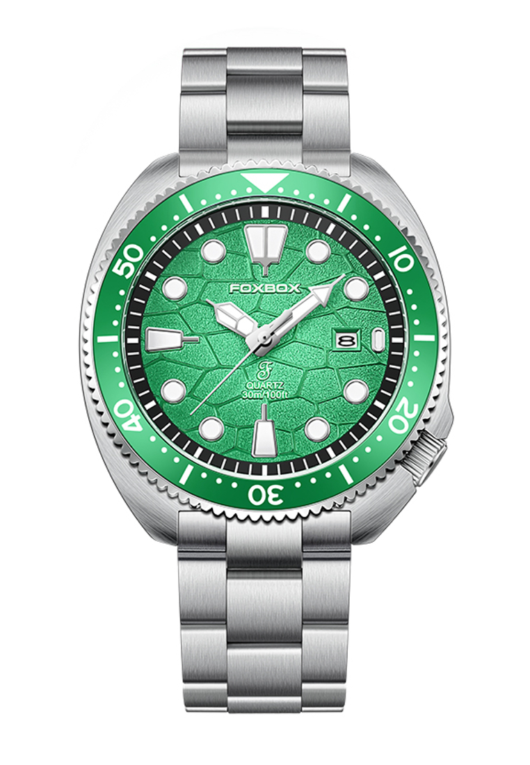 LIGE FOXBOX 男女通用不鏽鋼潛水員石英手錶，綠色錶盤，不鏽鋼錶鍊，30m 防水