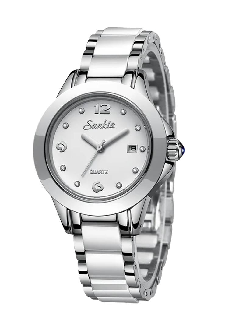 LIGE SUNKTA 白色陶瓷女士石英手錶，33mm，不銹鋼，白色錶盤，金屬手鐲和陶瓷
