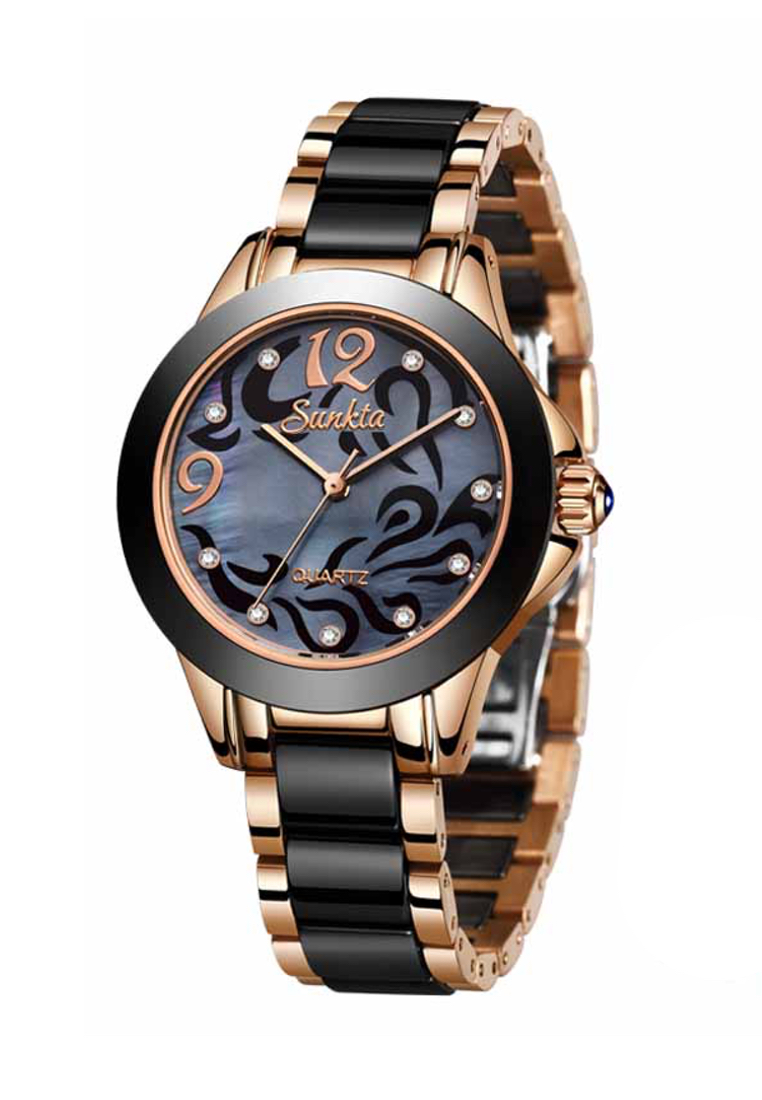 LIGE SUNKTA 黑色陶瓷女士石英手錶，33mm，IP玫瑰金不銹鋼，黑色珍珠母貝錶盤，金屬手鐲和陶瓷