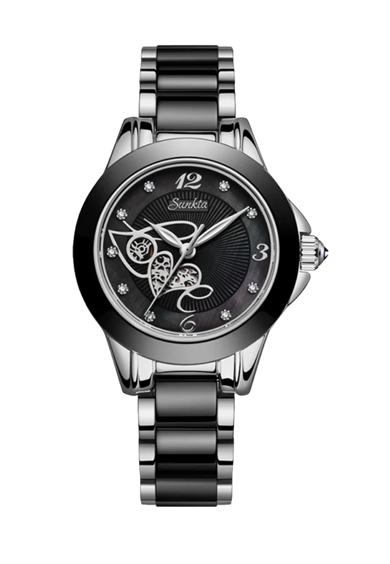 LIGE SUNKTA 黑色陶瓷"LOVE"女士石英手錶，33mm，不銹鋼，黑色錶盤，金屬手鐲和陶瓷