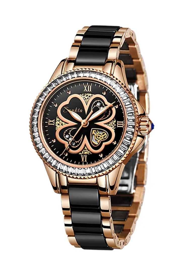 LIGE SUNKTA 黑色陶瓷"FLOWER"女士石英手錶，33mm，IP玫瑰金不銹鋼，黑色錶盤，金屬手鐲和陶瓷