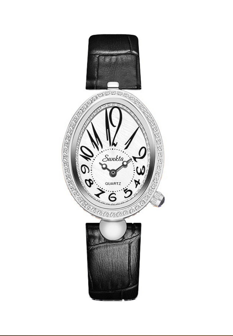 LIGE SUNKTA 女士手錶與石英機芯，34x26mm, 不銹鋼，舖有晶體，白色錶盤，皮革錶帶