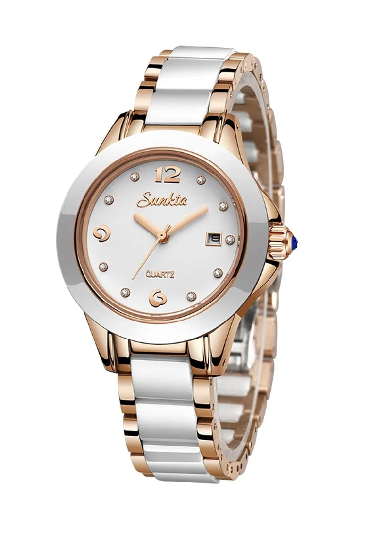 LIGE SUNKTA 白色陶瓷女士石英手錶，33mm，IP玫瑰金不銹鋼，白色錶盤，金屬手鐲和陶瓷