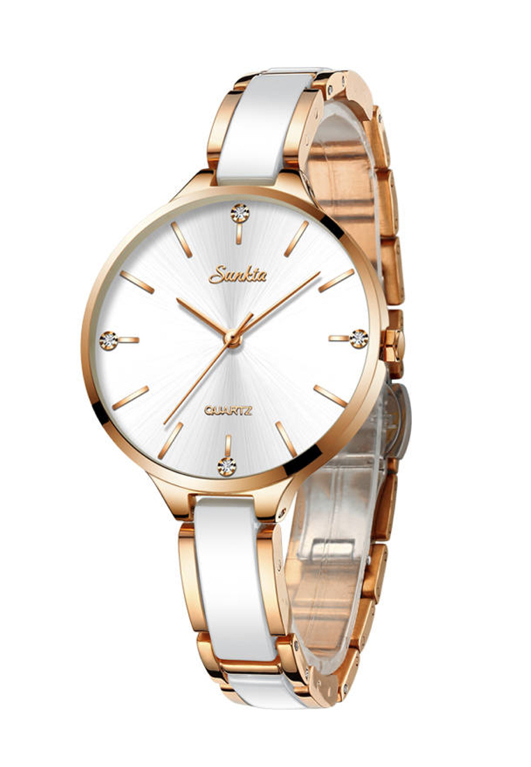 LIGE SUNKTA 白色陶瓷女士石英手錶，34mm，IP玫瑰金不銹鋼，白色錶盤，金屬手鐲和陶瓷