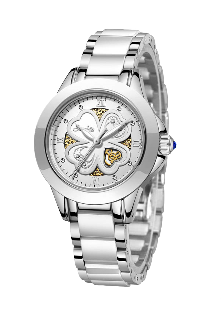 LIGE SUNKTA 白色陶瓷"FLOWER"女士石英手錶，33mm，不銹鋼，白色錶盤，金屬手鐲和陶瓷