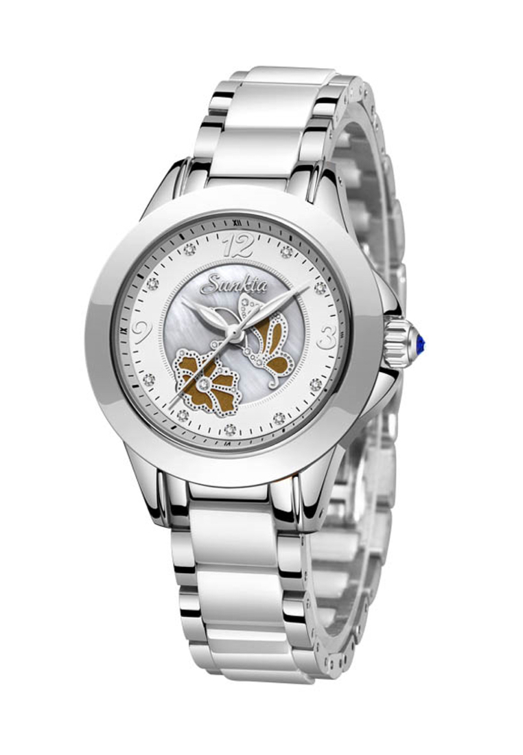 LIGE SUNKTA 白色陶瓷女士石英手錶，33mm，不銹鋼，白色錶盤，金屬手鐲和陶瓷