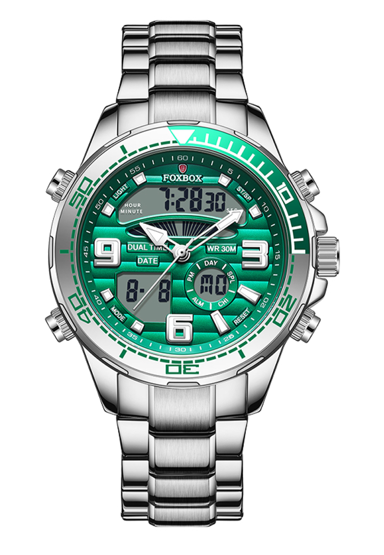 LIGE FOXBOX 男女通用不鏽鋼潛水員模擬/數位石英手錶，綠色錶盤，不鏽鋼錶鍊，30m 防水