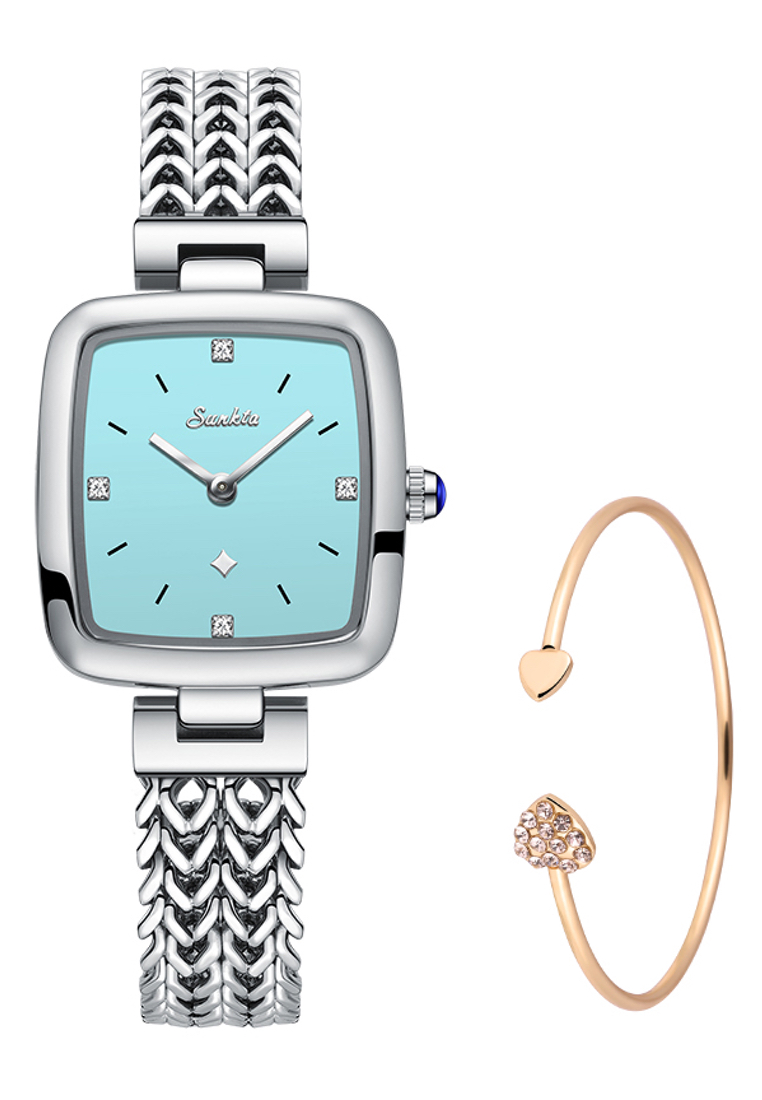 LIGE SUNKTA 女士手錶與石英機芯，32x26mm，不銹鋼，藍色水晶，綠松石色錶盤，金屬手鍊