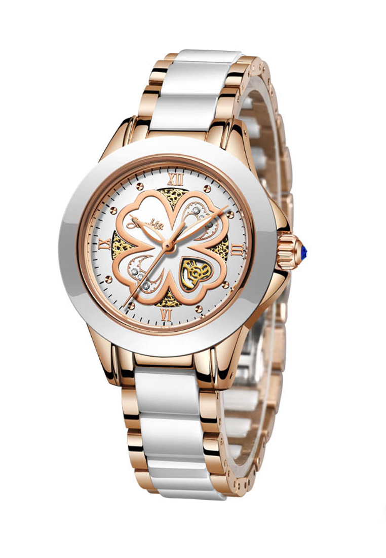 LIGE SUNKTA 白色陶瓷"FLOWER"女士石英手錶，33mm，IP玫瑰金不銹鋼，白色錶盤，金屬手鐲和陶瓷