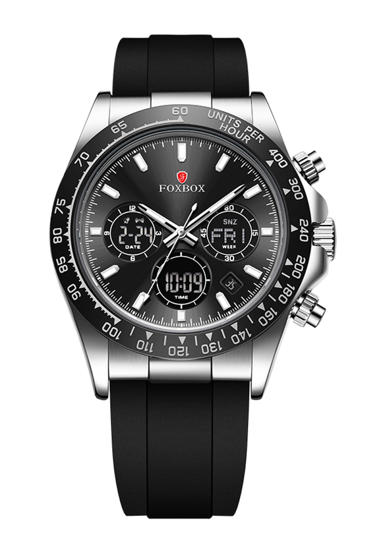 LIGE FOXBOX 計時儀中性不銹鋼石英手錶, 黑色錶盤，橡膠錶帶
