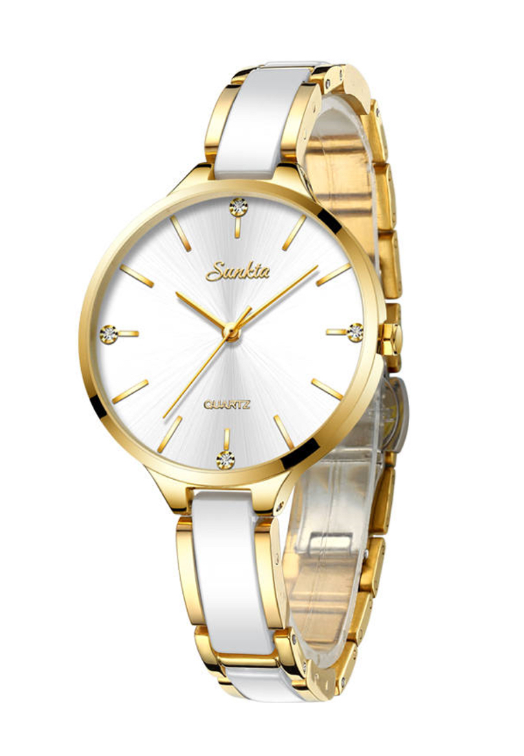 LIGE SUNKTA 白色陶瓷女士石英手錶，34mm，IP金不銹鋼，白色錶盤，金屬手鐲和陶瓷