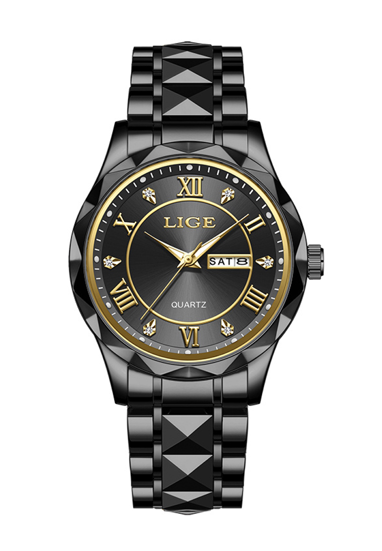 LIGE 計時碼表男女通用不銹鋼石英手錶，黑色皮革錶帶上的黑色錶盤