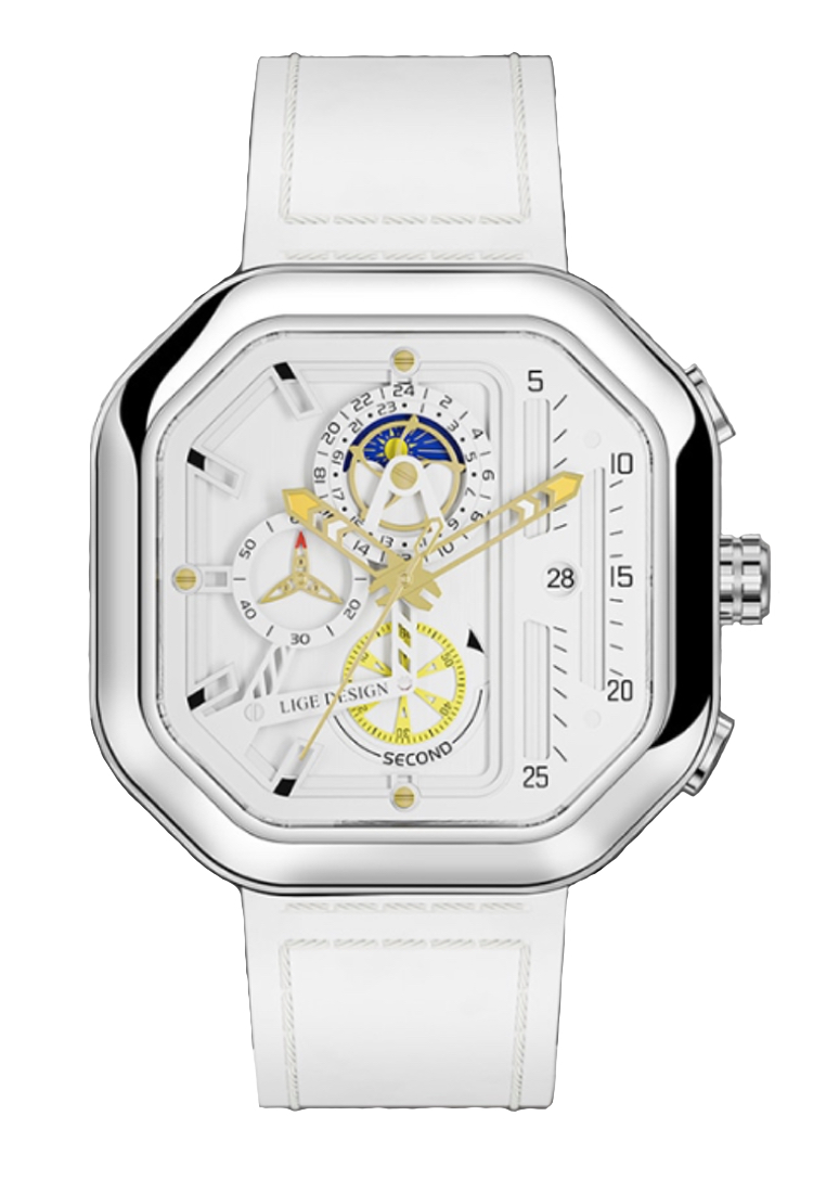 LIGE 中性計時碼表八角形不銹鋼石英手錶，白色皮革錶帶