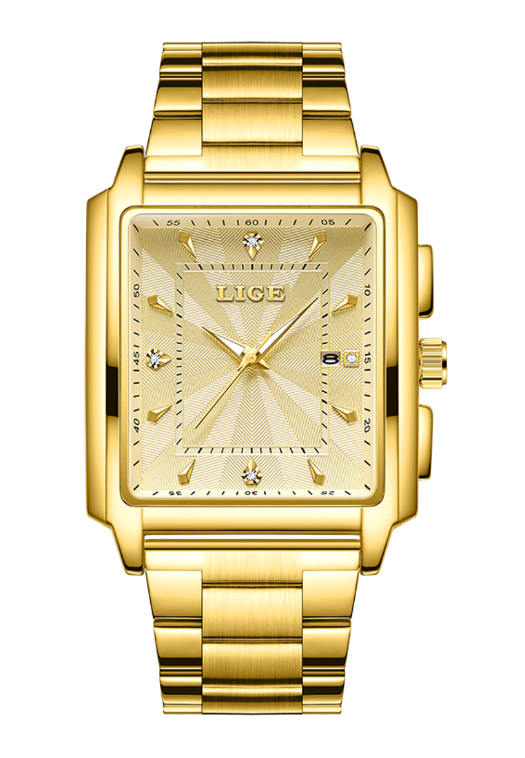 LIGE 男女通用的IP金色不銹鋼石英手錶，金色錶盤，IP金鋼手鐲