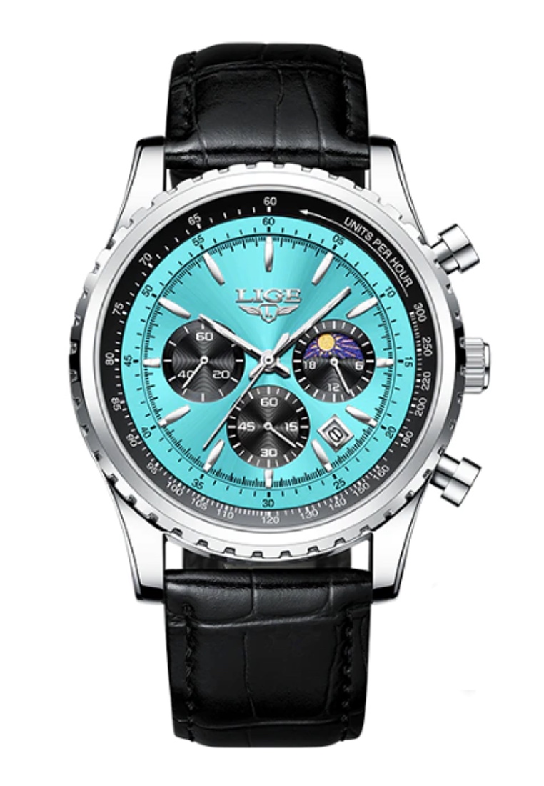 LIGE 47 毫米中性計時碼表不銹鋼石英手錶，藍色錶盤，黑色皮革錶帶