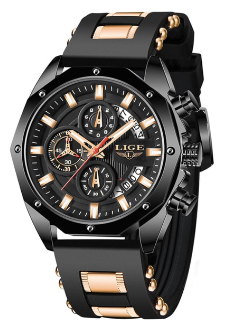 LIGE 計時碼表中性 IP 黑色不銹鋼石英手錶 48 毫米，黑色錶盤，黑色橡膠錶帶
