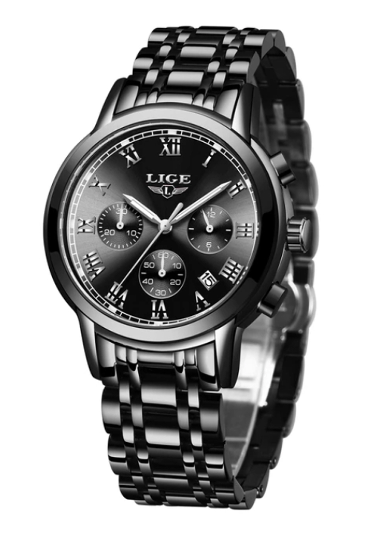 LIGE 計時男女通用 IP 黑色不銹鋼石英手錶，黑色錶盤搭配 IP 黑鋼錶鍊