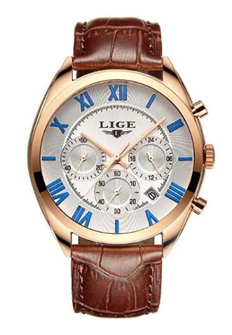 LIGE 計時碼表中性 IP 玫瑰金彩色不銹鋼石英手錶，白色錶盤，棕色皮革錶帶