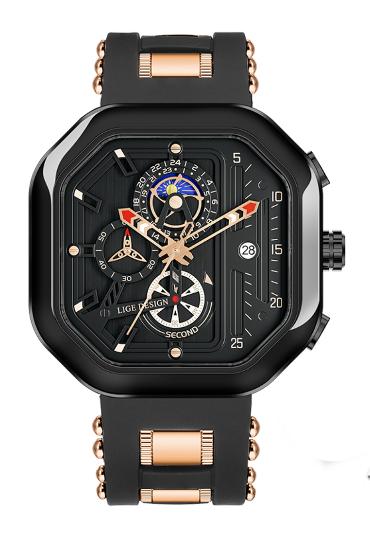 LIGE 男女通用計時碼錶八角形 IP 黑色不鏽鋼石英手錶，橡膠和金屬錶帶
