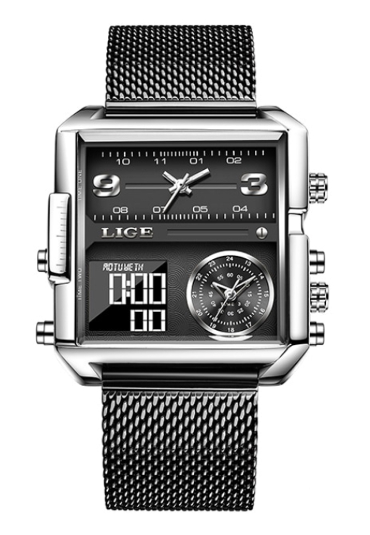LIGE 鏤空方形兩個時區中性不銹鋼計時碼表石英手錶 42 毫米（寬）X 40 毫米（高）IP 藍色網狀手鍊