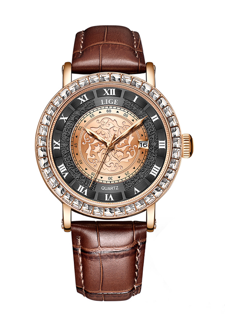 LIGE 男女通用的IP玫瑰金色石英手錶，水晶鋪成42mm手錶，皮革錶帶