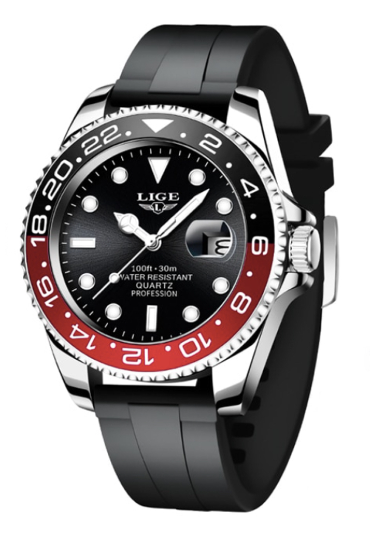 LIGE 中性經典潛水員不銹鋼石英手錶，黑色橡膠錶帶上帶有可轉動表圈
