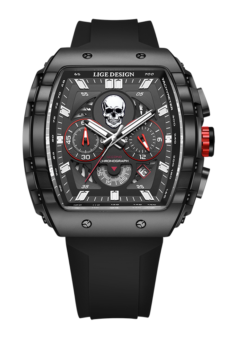 LIGE Skull 男女通用 IP 黑色不鏽鋼計時石英手錶，黑色橡膠錶帶