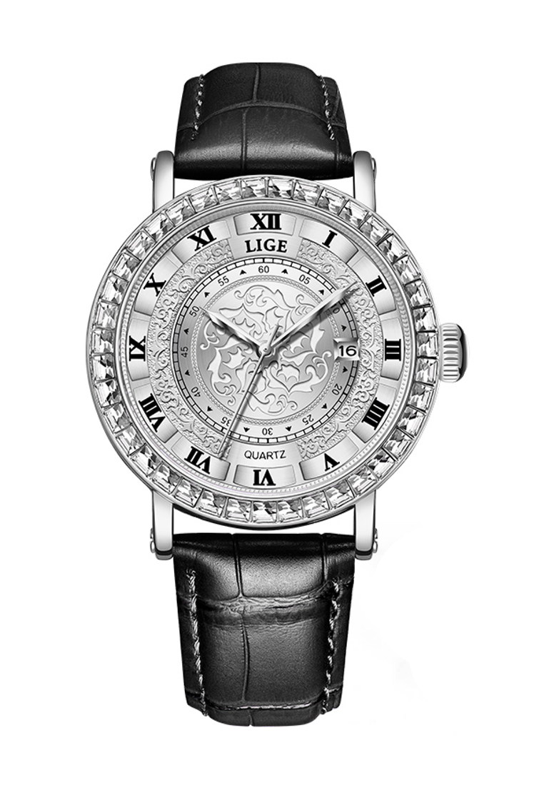 LIGE 男女通用的石英手錶，水晶鋪成42毫米手錶盒，皮革錶帶