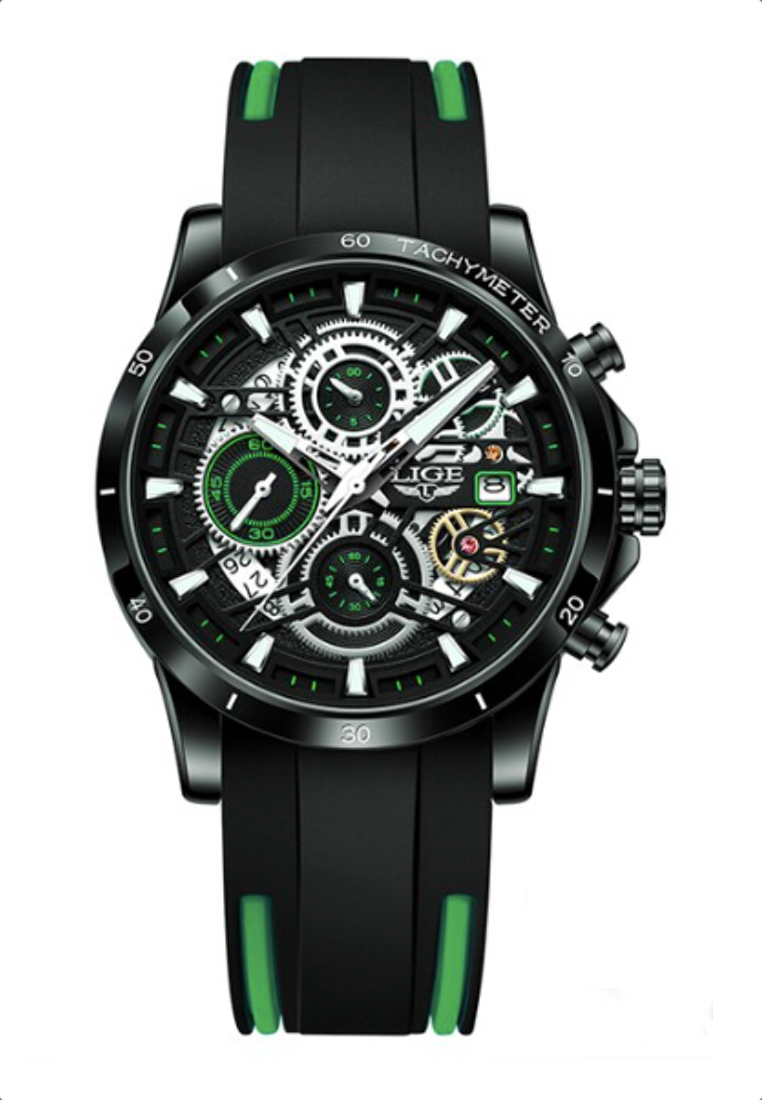 LIGE 計時碼表中性 IP 黑色不銹鋼石英手錶，黑色錶盤黑色和綠色橡膠錶帶