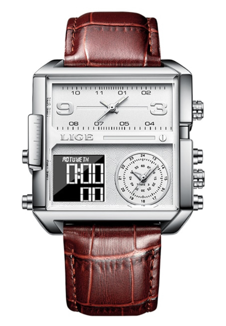 LIGE 鏤空方形兩個時區中性不銹鋼計時碼表石英手錶 42 毫米（寬）X 40 毫米（高）棕色皮革錶帶