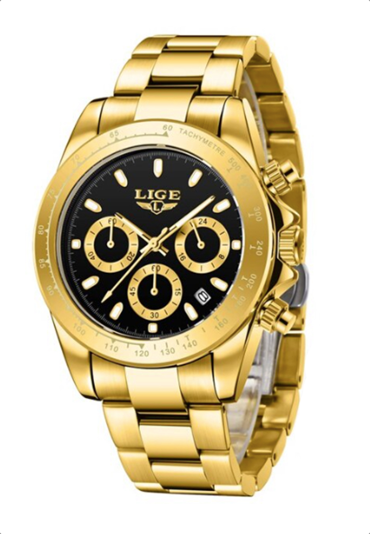 LIGE 計時碼表中性 IP 金色不銹鋼石英手錶，黑色錶盤，金色手鍊