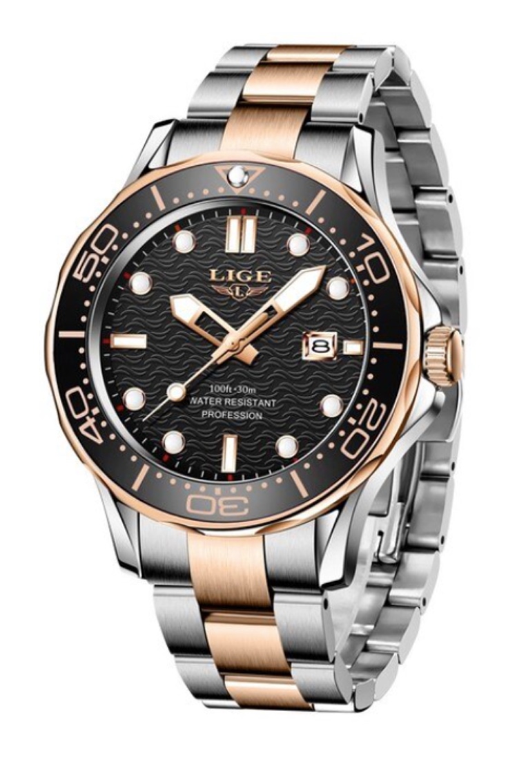 LIGE 中性潛水員不銹鋼石英手錶，黑色轉動表圈，鋼錶鍊上的黑色錶盤