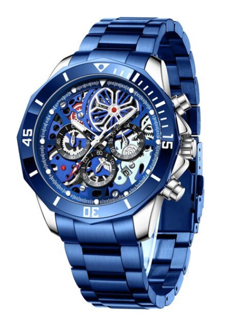 LIGE 中性計時碼表 IP 藍色不銹鋼石英手錶，鏤空錶盤，IP 藍色鋼手鍊