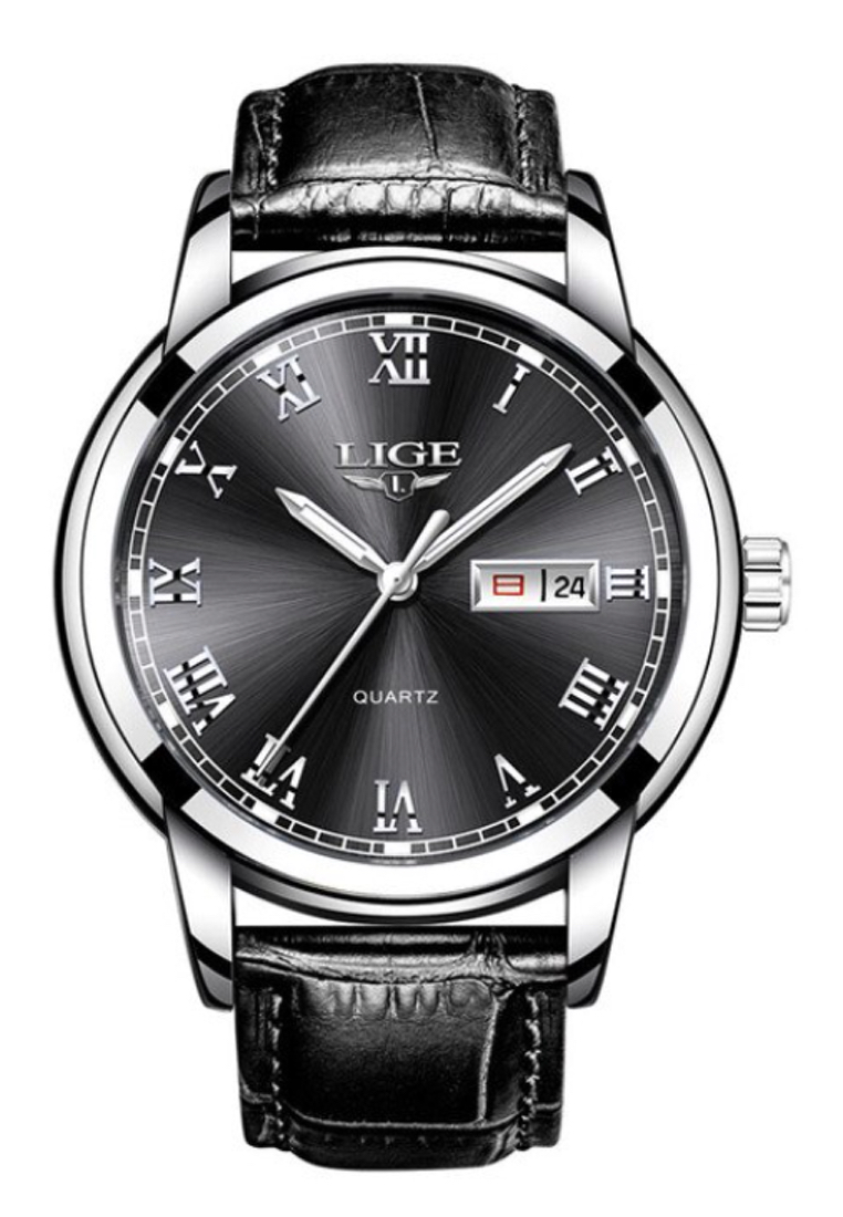 LIGE 中性經典星期/日期不銹鋼石英手錶，黑色錶盤，黑色皮革錶帶
