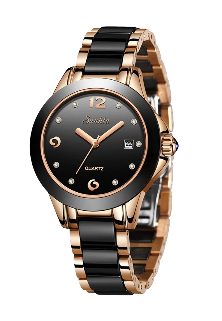LIGE SUNKTA 黑色陶瓷女士石英手錶，33mm，IP玫瑰金不銹鋼，白色錶盤，金屬手鐲和陶瓷