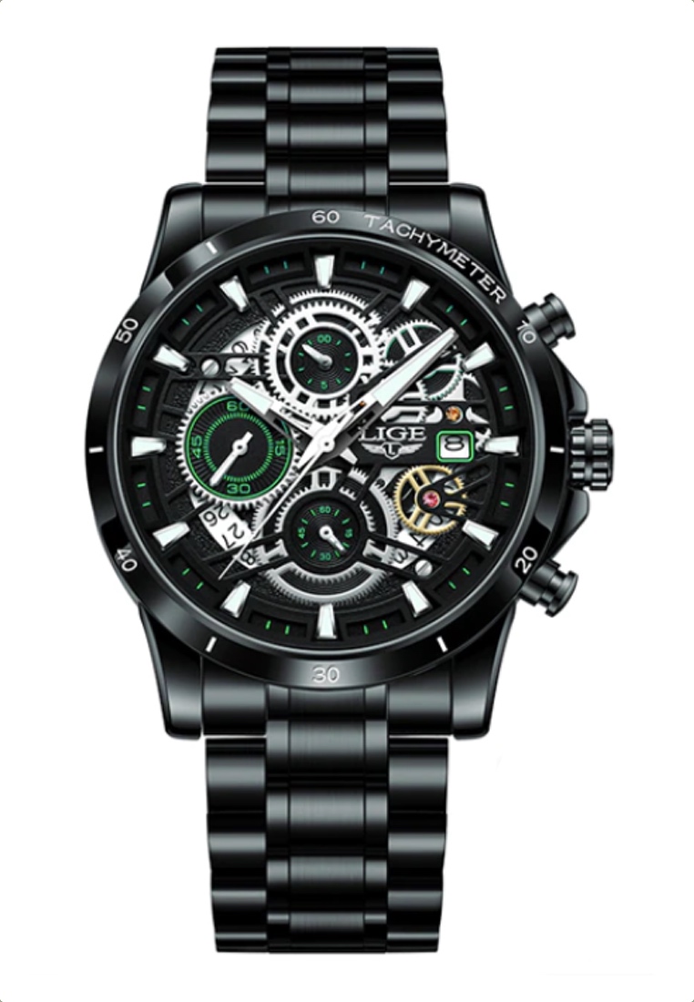 LIGE計時儀中性IP黑色不銹鋼石英手錶，黑色錶盤，IP黑色不銹鋼手鐲