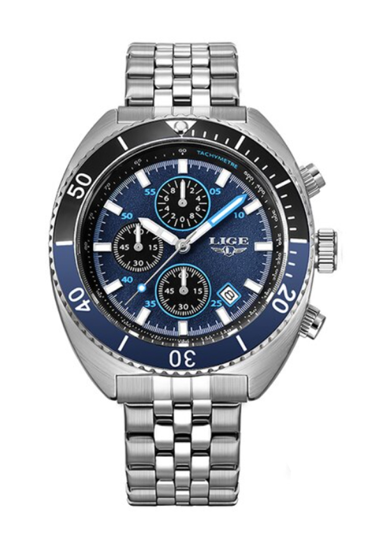 LIGE 中性計時潛水員不銹鋼石英手錶，鋼手鍊上帶有轉動表圈