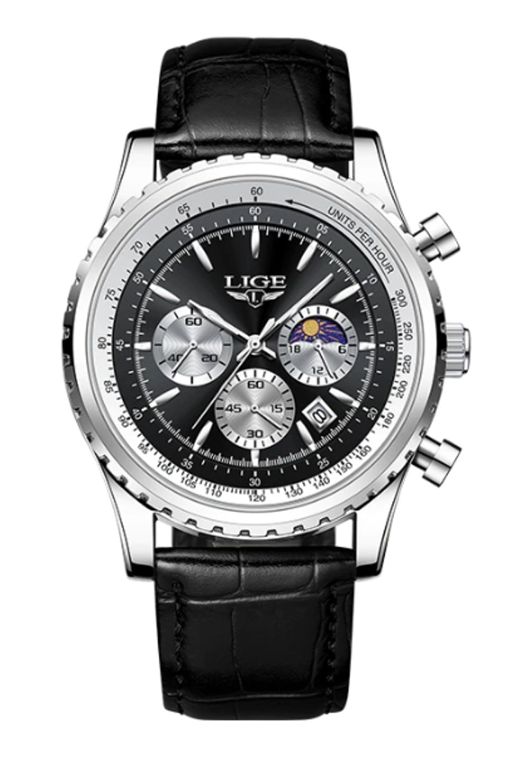 LIGE 47 毫米中性計時碼表不銹鋼石英手錶，黑色錶盤，黑色皮革錶帶