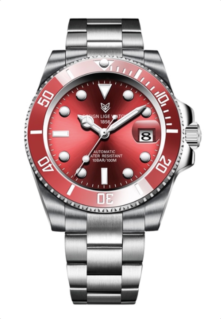 LIGE AUTOMATIC 中性潛水員不銹鋼自動上鍊手錶，紅色旋轉表圈，鋼錶鍊上的紅色錶盤
