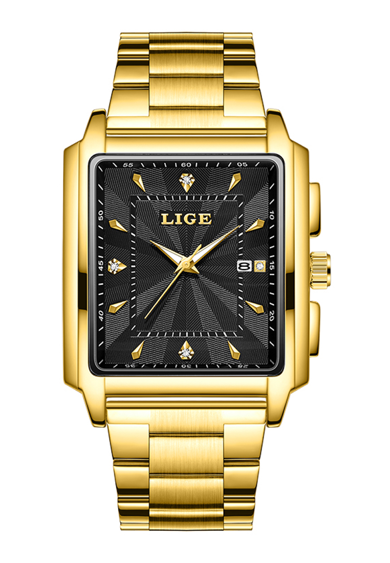 LIGE 男女通用的IP金色不銹鋼石英手錶，黑色錶盤，IP金鋼手鐲