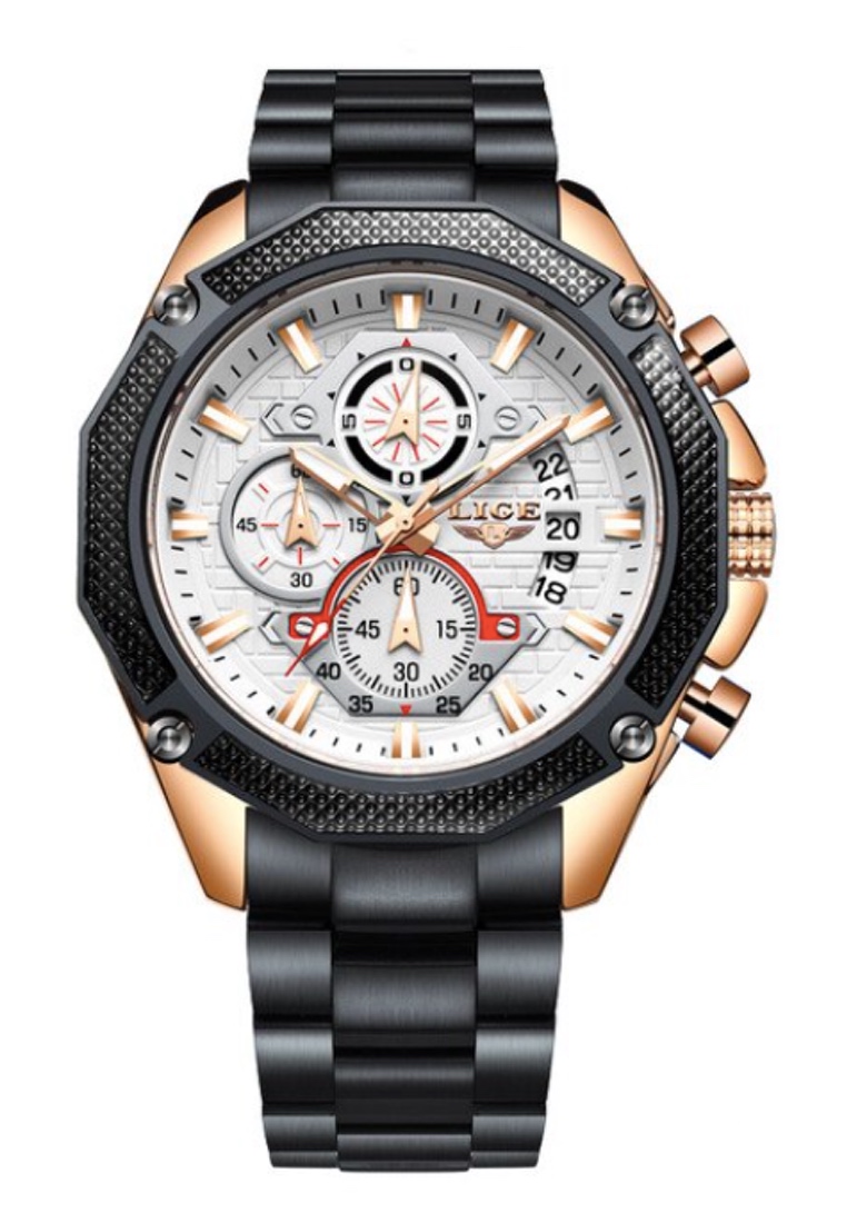 LIGE 計時碼表中性 IP 玫瑰金和不銹鋼石英手錶，黑色表圈，IP 黑鋼手鍊上的白色錶盤