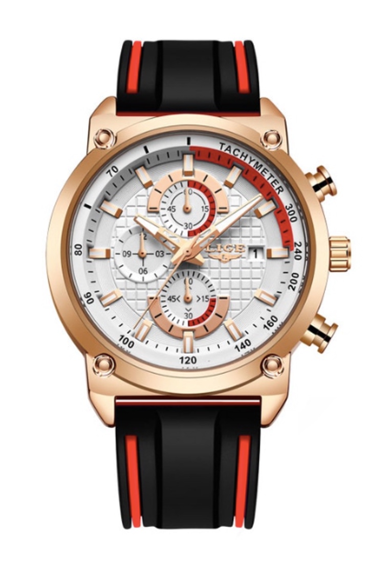 LIGE 計時碼表中性 IP 金色不銹鋼石英手錶，白色錶盤，紅色和黑色橡膠錶帶