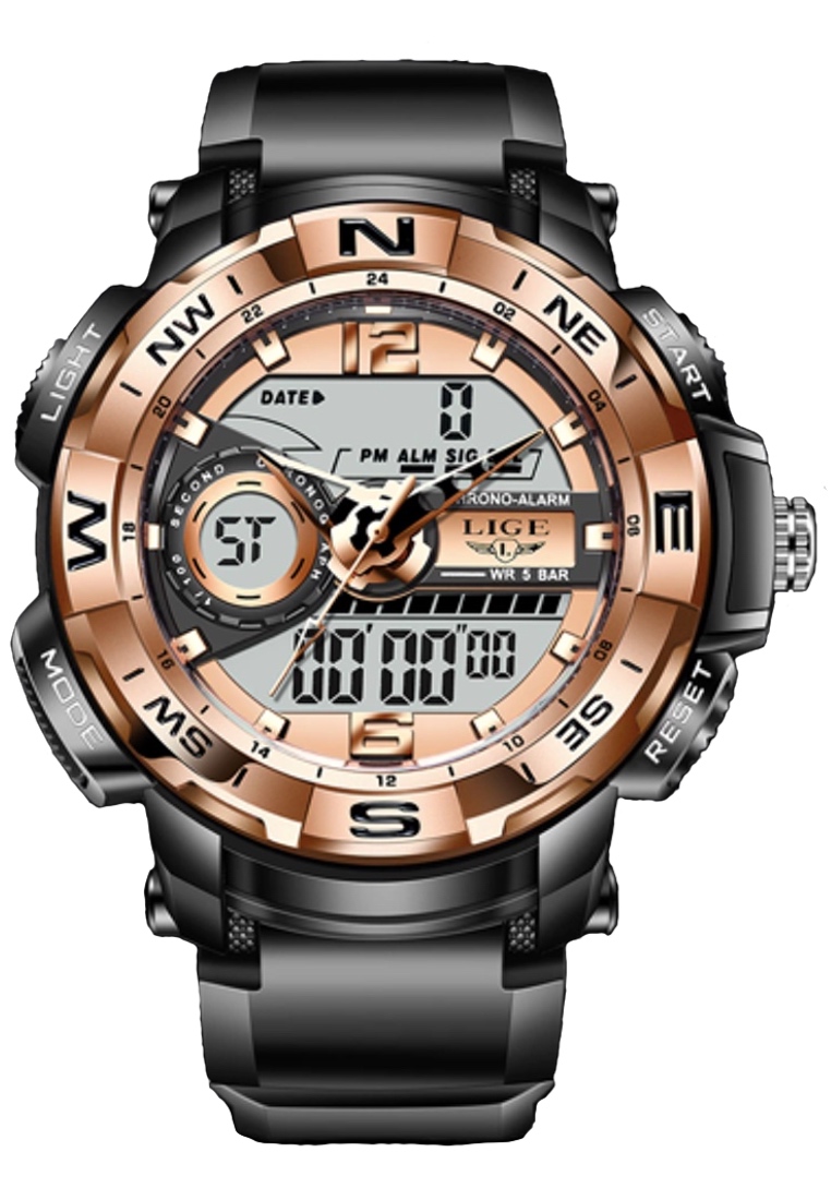 LIGE 計時碼表中性模擬/數字雙時間手錶，黑色和玫瑰金色元素，黑色矽膠錶帶