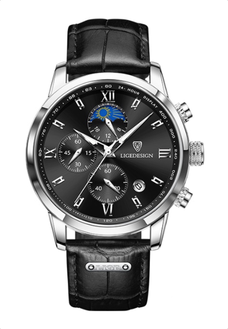 LIGE 中性不銹鋼計時石英手錶 43 毫米，黑色錶盤，黑色皮革錶帶