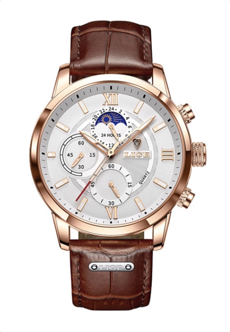 LIGE 計時碼表，男女皆宜，IP 玫瑰金不銹鋼石英手錶 43 毫米，白色錶盤，棕色皮革錶帶