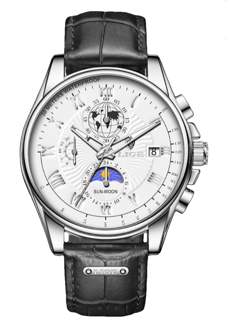LIGE 計時碼表中性 42 毫米不銹鋼石英手錶，皮革錶帶上的白色錶盤