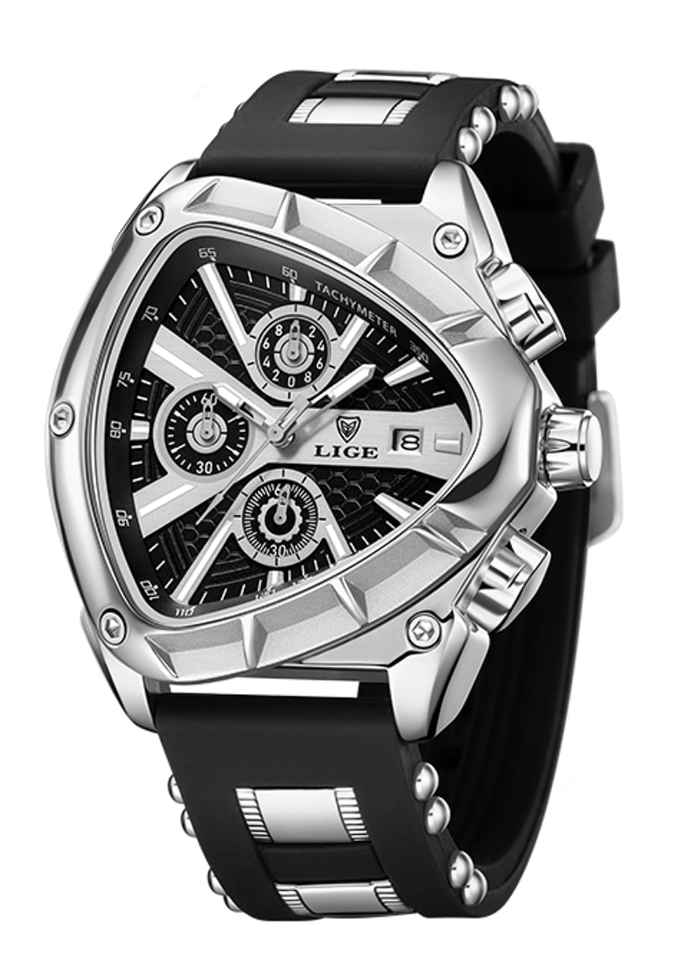 LIGE 中性 不銹鋼計時石英手錶，直徑 48 毫米，帶橡膠和金屬錶帶