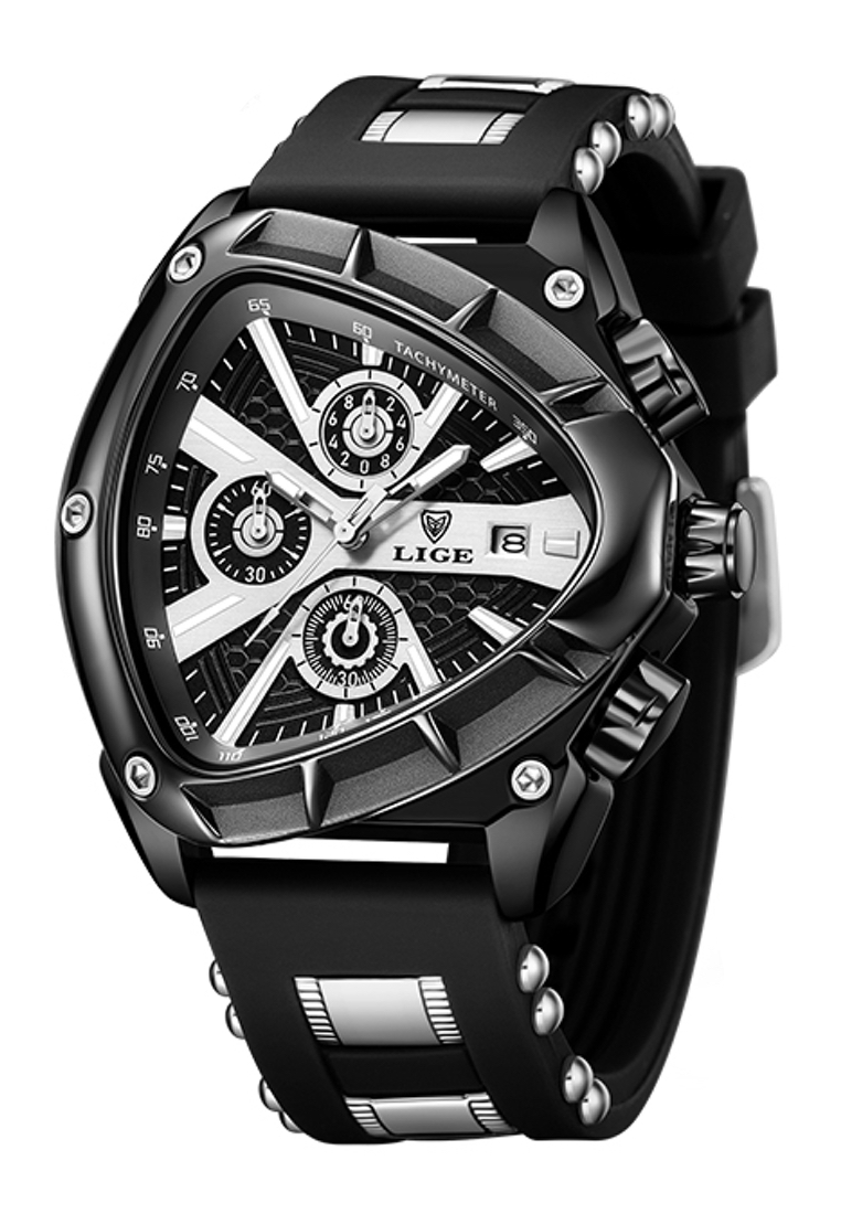 LIGE 中性 IP 黑色不銹鋼計時石英手錶，直徑 48 毫米，帶橡膠和金屬錶帶