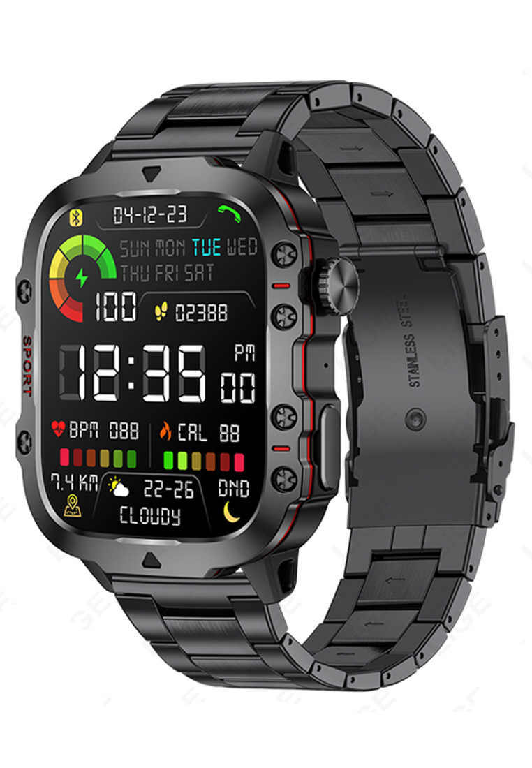 LIGE 新款男女通用智慧手錶 - 藍牙通話 - 1.96 吋高清螢幕 240x282 - Android/IOS - 3ATM 防水 - 血壓監測 - 金屬手鍊 + 1 條額外橡膠錶帶